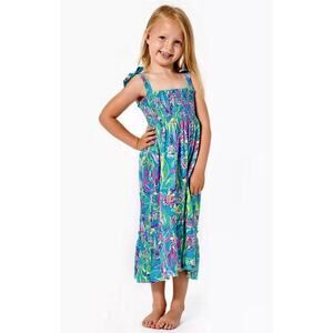 Lilly Pulitzer Girl's Rivera Smocked Floral Midi Dress Keep On Beleafing Blue XL